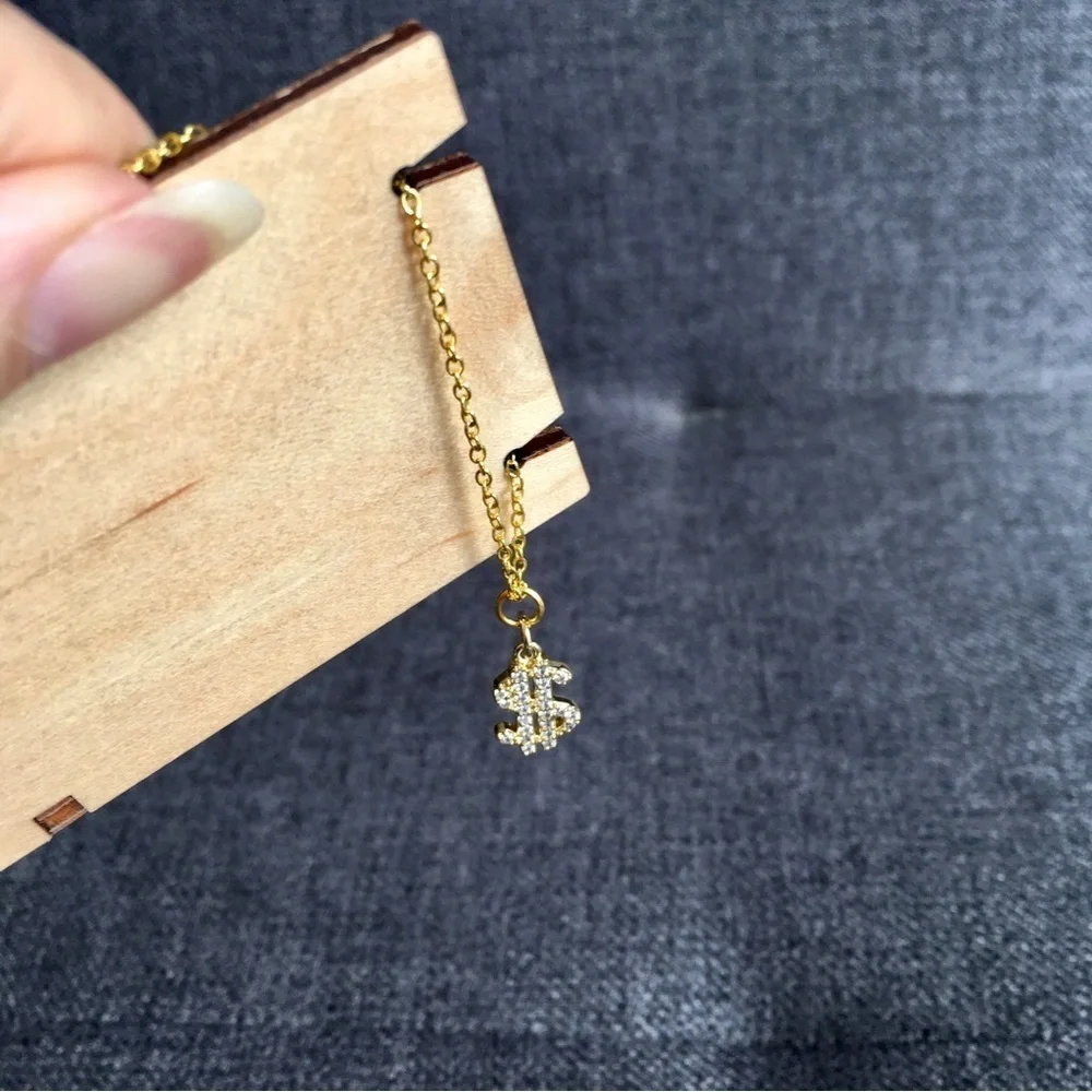Cubic Zirconia Micro Pave + Gold Dollar Sign Fashion Necklace, 18 inches